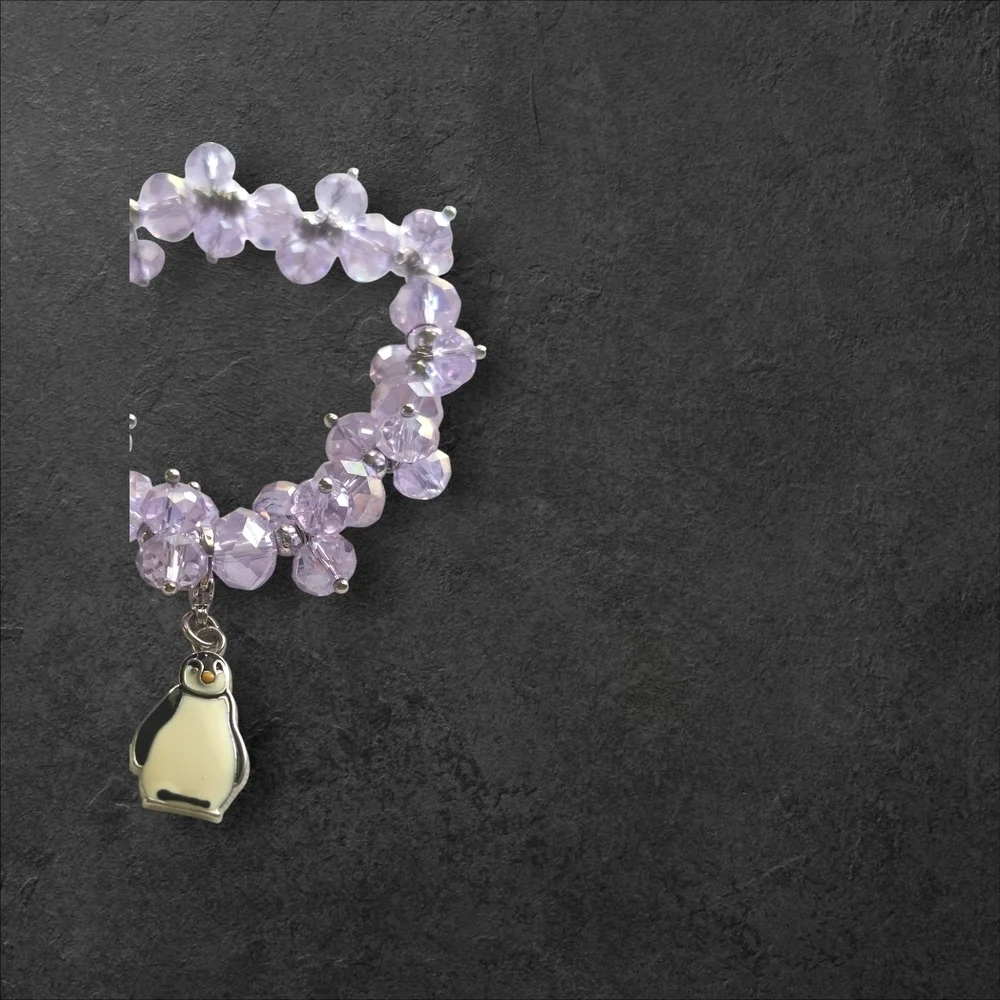 Purple and Silver Beaded Bracelet with Geometric Pendant Stretch